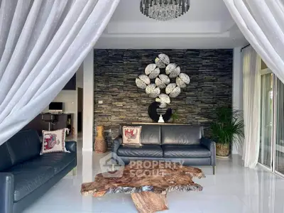 Luxurious living room with unique wooden table and stylish decor