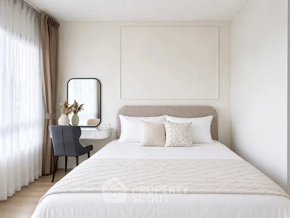 Elegant bedroom with cozy bed, stylish decor, and natural light from large window.