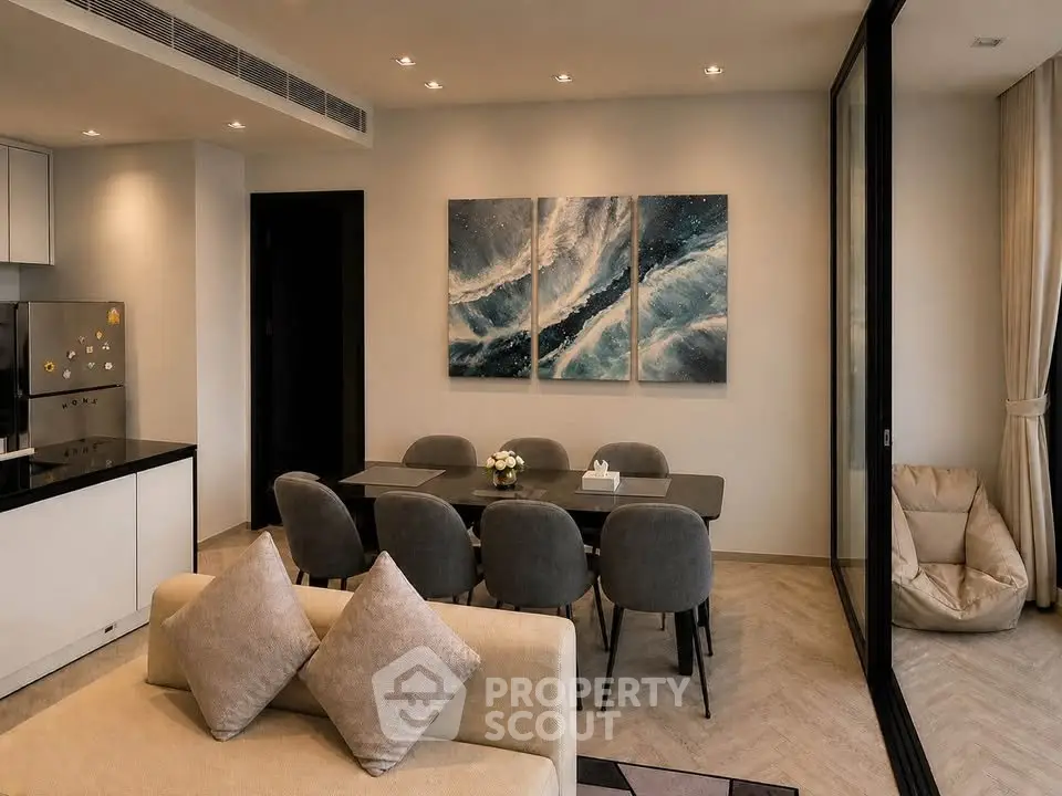 Modern living room with elegant dining area and stylish decor