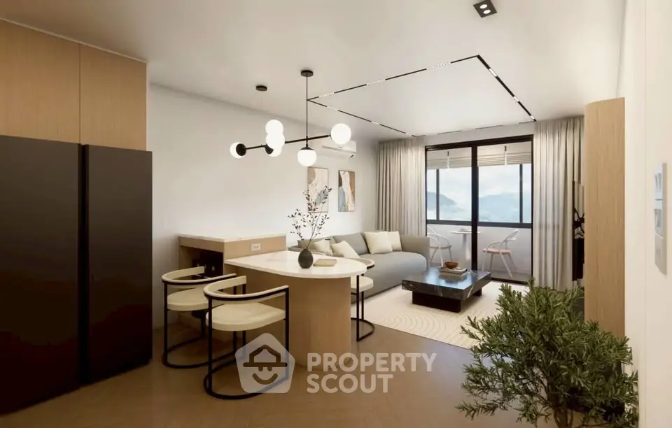 Modern living room with open layout and mountain view balcony