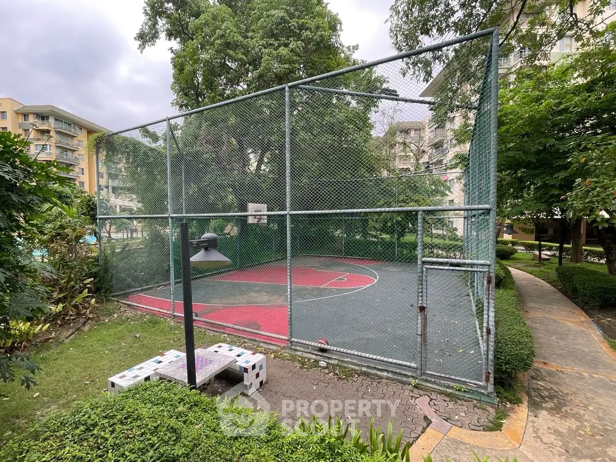 Charming residential basketball court surrounded by lush greenery, perfect for outdoor activities and relaxation.