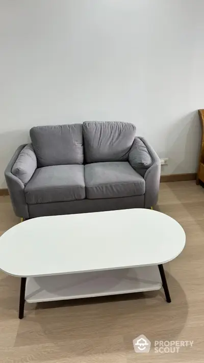 Cozy living room with modern gray sofa and sleek white coffee table