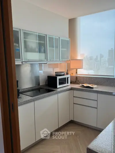 Modern kitchen with sleek cabinets and city view, featuring a microwave and ample counter space.