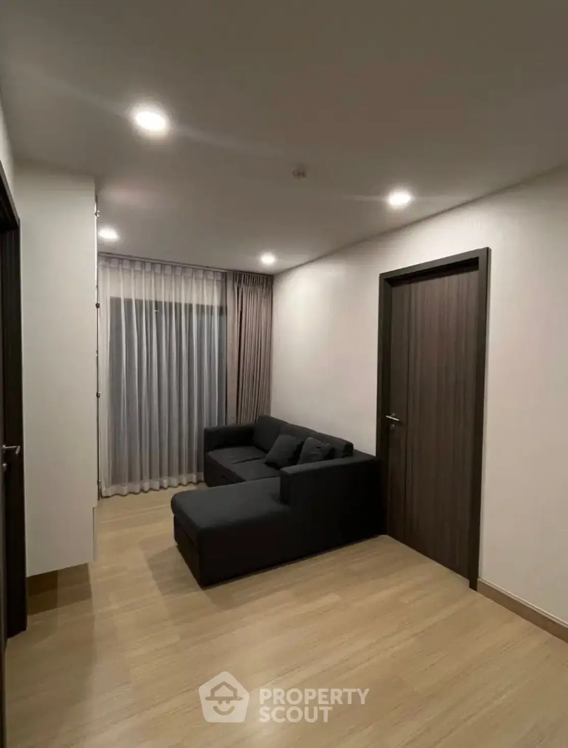 Cozy small living room with modern sofa and elegant curtains