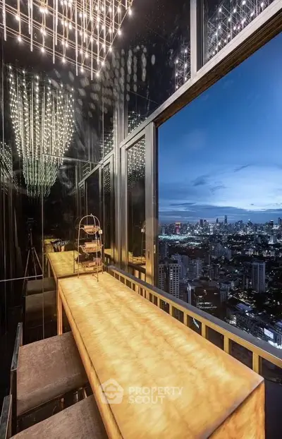 Luxurious high-rise balcony with stunning city skyline view and elegant lighting.