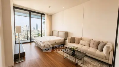 Luxurious bedroom with stunning city view, modern furnishings, and elegant decor.
