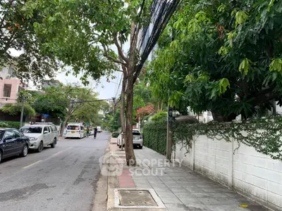 Charming suburban street with lush greenery and parked cars, ideal for peaceful living.
