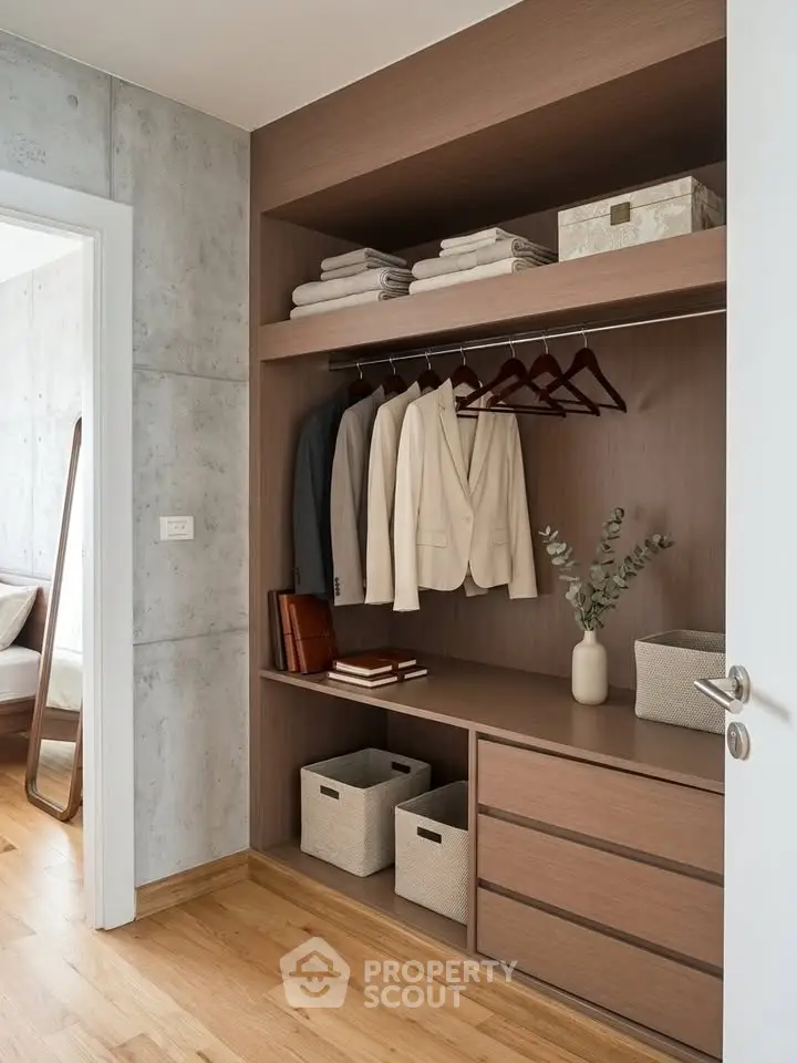 Elegant walk-in closet with wooden shelves and organized storage in modern apartment.
