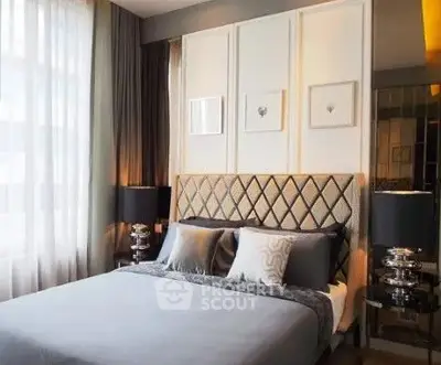 Luxurious modern bedroom with elegant decor and plush bedding