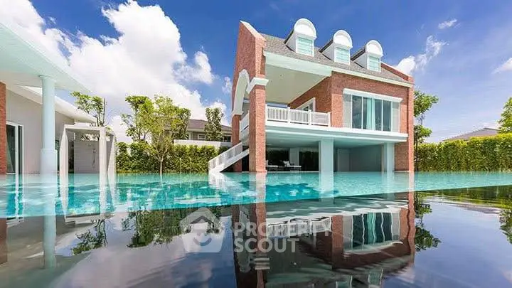 Luxurious modern villa with stunning pool and elegant architecture under clear blue sky.