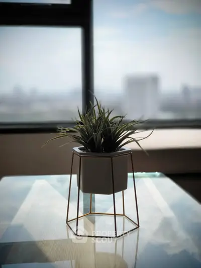 Stylish modern interior with elegant plant on glass table and city view