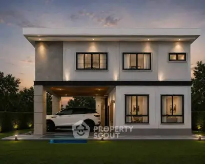 Modern two-story house with sleek design and carport at dusk, showcasing elegant exterior lighting.