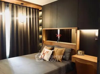 Luxurious bedroom with modern decor and ambient lighting