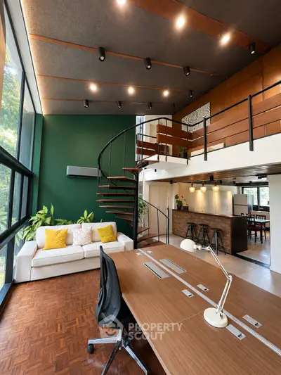 Stunning modern living room with spiral staircase and open loft design, featuring elegant wooden finishes and lush greenery.