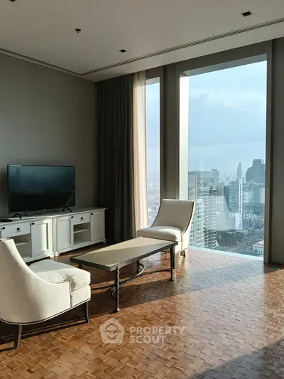 Luxurious living room with stunning city view and elegant furniture