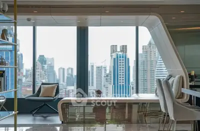 Luxurious modern living room with stunning city skyline view and elegant furnishings.
