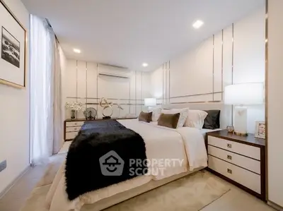 Luxurious modern bedroom with elegant decor and ambient lighting