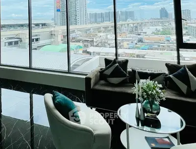 Luxurious living room with panoramic city view and modern decor