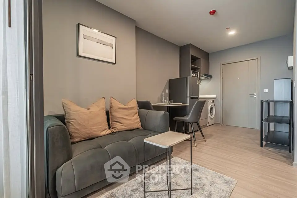 Modern living room with stylish sofa and compact kitchen area