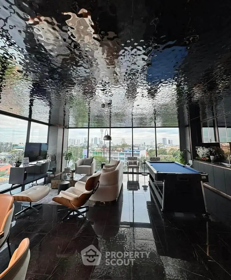 Luxurious living room with stunning city view, modern furniture, and glossy black ceiling.