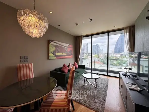 Stylish living room with city view, modern decor, and elegant lighting.