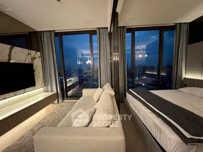 Luxurious modern living room with panoramic city view and elegant decor