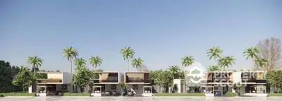 Luxurious modern villas with palm trees and spacious driveways in a serene neighborhood.