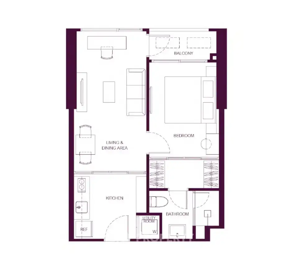 Modern apartment floor plan with balcony, bedroom, kitchen, and living area.
