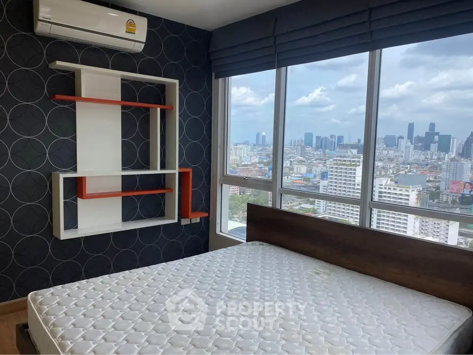 Modern bedroom with city view and stylish wall shelving