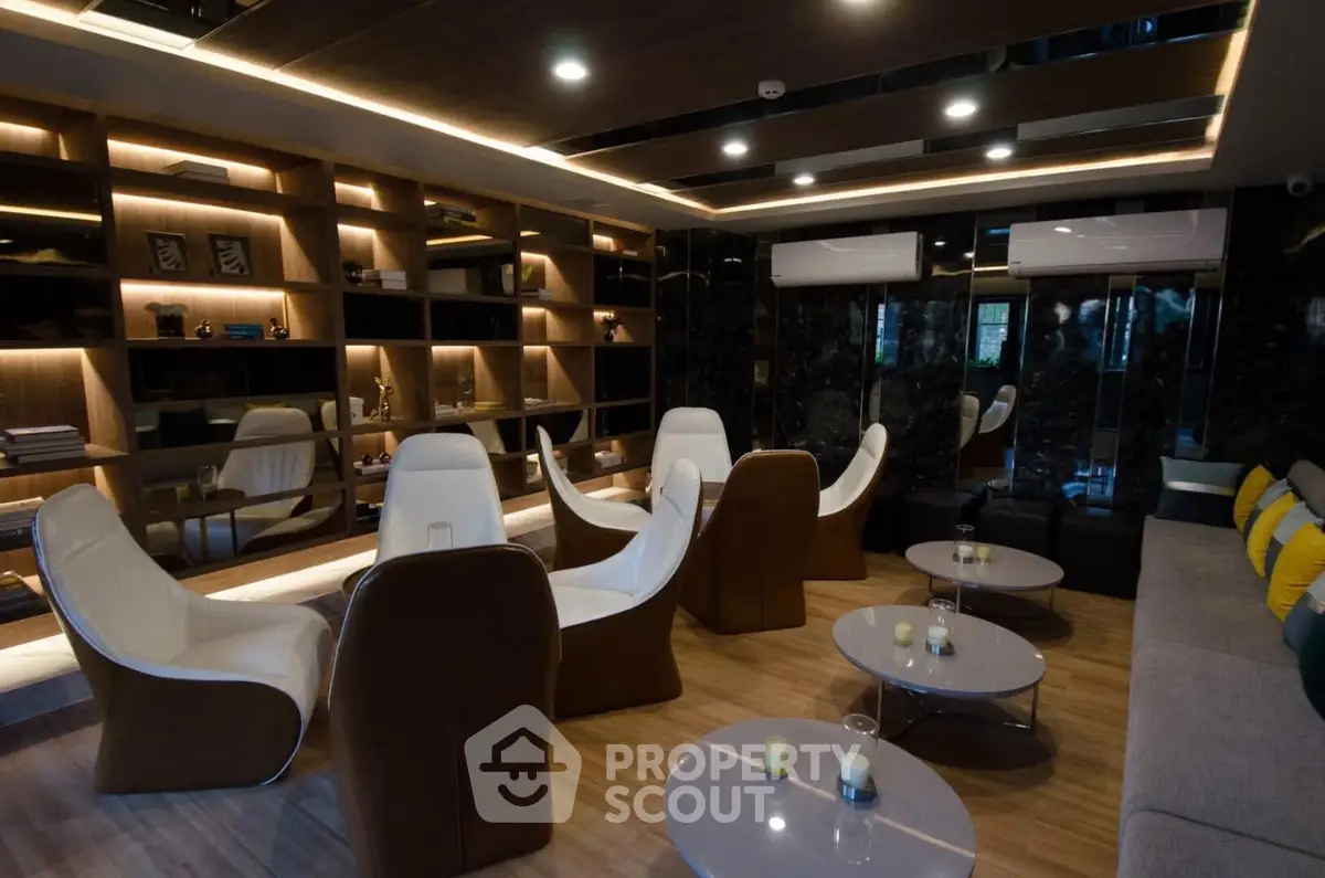 Luxurious modern lounge with stylish seating and ambient lighting, perfect for relaxation and social gatherings.