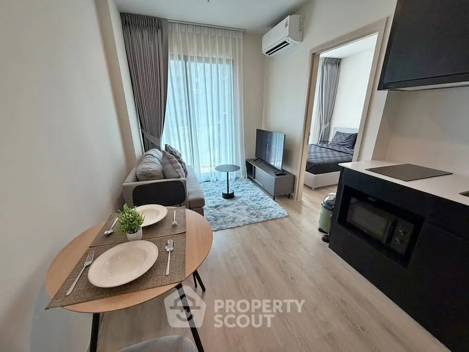 Modern apartment living room with open layout and cozy decor