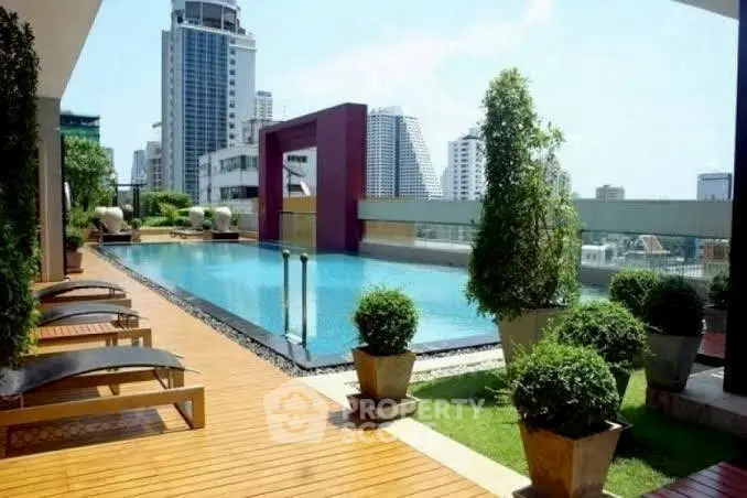 Luxurious rooftop pool with city skyline view and lush greenery