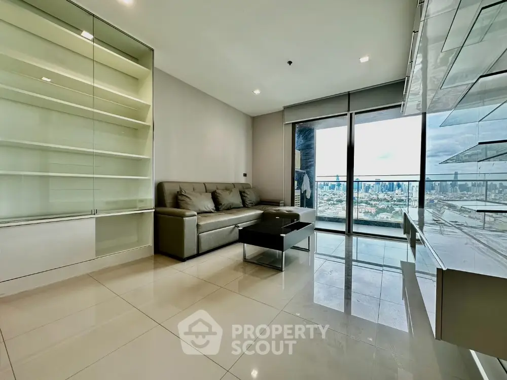 Modern living room with city view and sleek furnishings