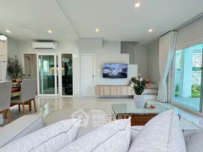 Spacious modern living room with elegant decor and large windows for natural light