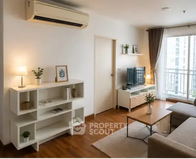 Modern living room with stylish furniture and large window offering city view
