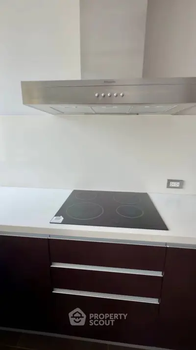 Modern kitchen with sleek induction cooktop and stainless steel range hood.