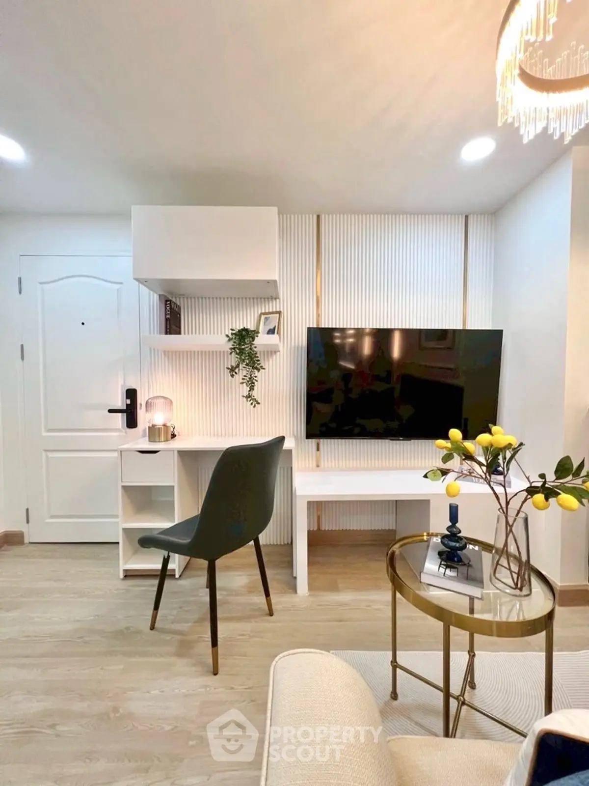 Modern living room with sleek TV setup and stylish decor