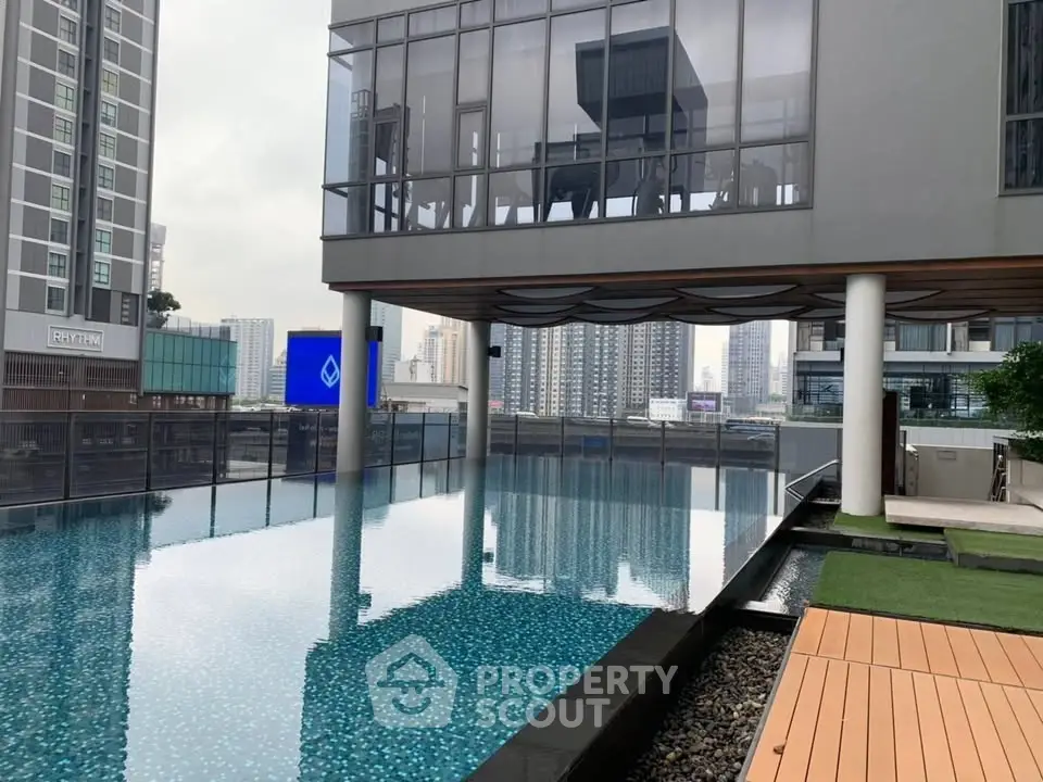 Luxurious modern building with rooftop pool and city skyline view, perfect for urban living.