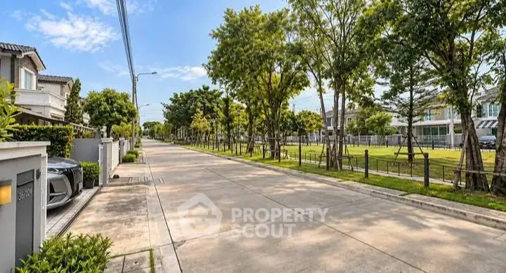 Charming suburban street view with lush greenery and modern homes, perfect for tranquil living.