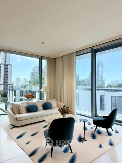 Luxurious living room with panoramic city views, elegant furniture, and modern decor in a high-rise apartment.
