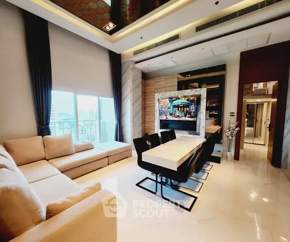 Luxurious modern living room with elegant dining area and city view, featuring plush seating and stylish decor.