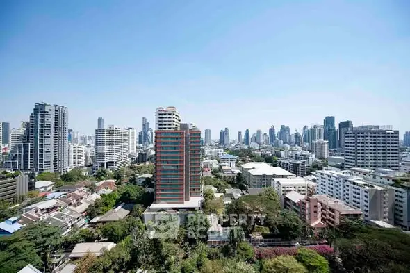 Stunning cityscape view showcasing modern high-rise buildings and lush greenery.