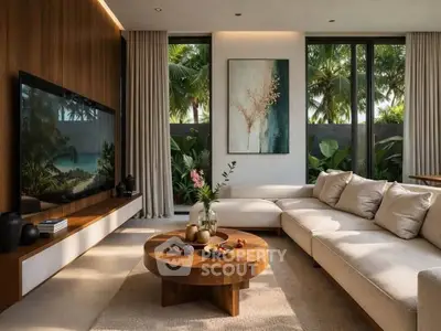 Luxurious modern living room with large windows and elegant decor