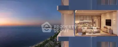 Luxurious oceanfront apartment with stunning sunset view and modern open-plan living area.