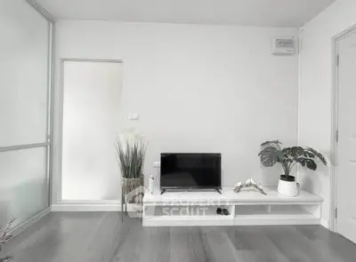 Modern minimalist living room with sleek TV stand and potted plants