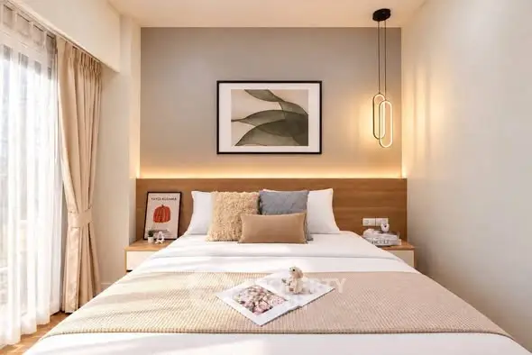 Cozy bedroom with modern decor and natural light