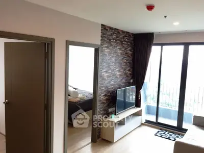 Modern apartment interior with stylish living room and balcony view