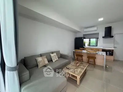 Modern living room with cozy gray sofa and stylish kitchen area