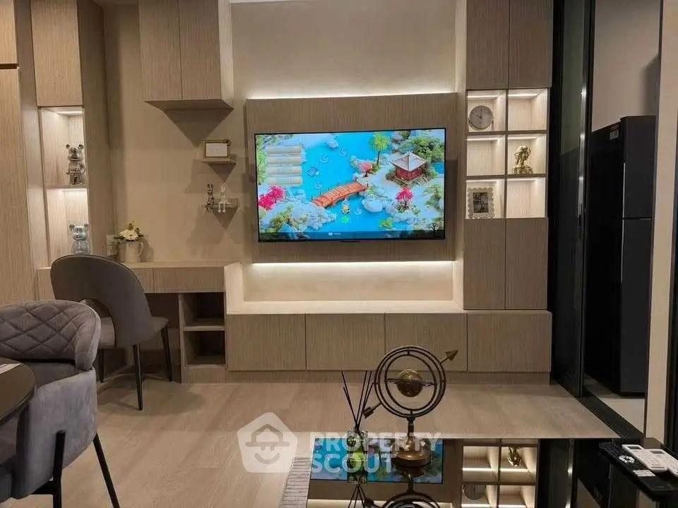 Modern living room with built-in TV unit and stylish decor