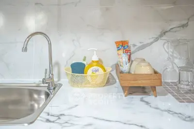 Modern kitchen sink with marble countertop and stylish accessories